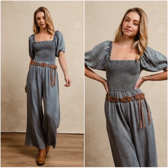 Bibi Dark Wash Smocked Square Neck Puff Sleeve Wide leg Jumpsuit - Picture 4 of 4